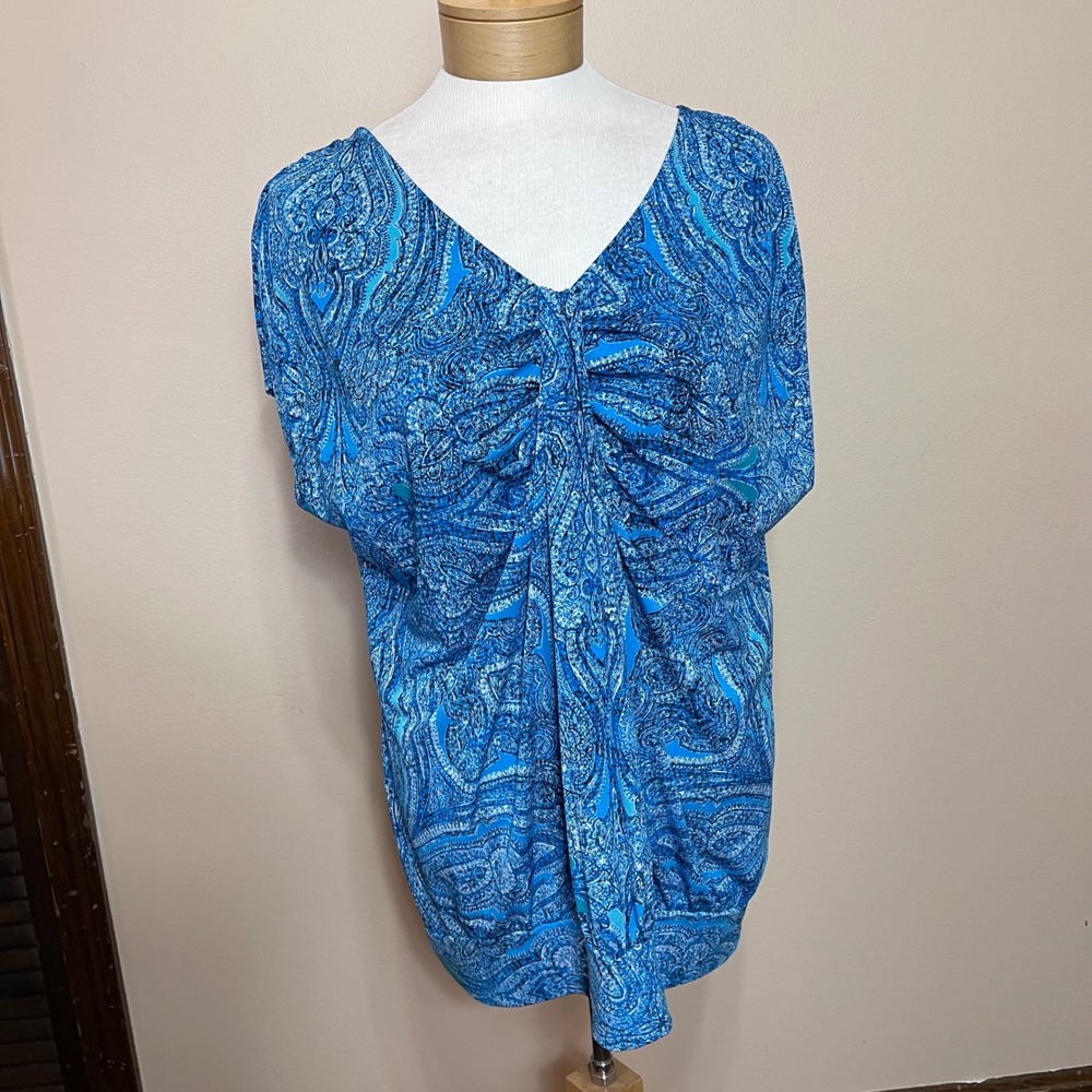 Lane Bryant Blue Paisley V-Neck Gathered Front Dolman Sleeve‎ Top 14/16W